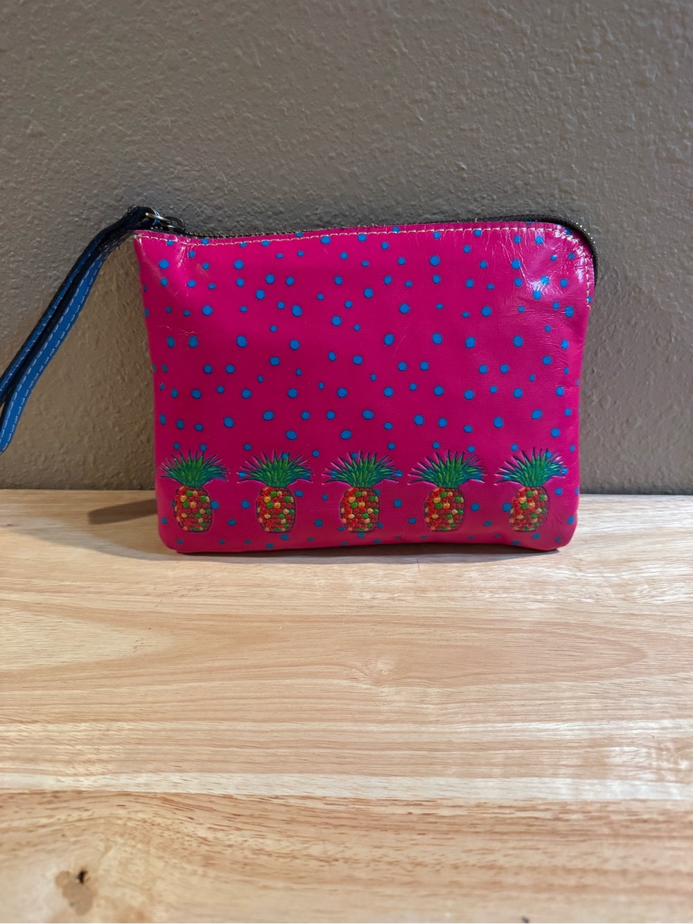 Patricia Nash Leather Hot Pink and Blue Pineapple Wristlet/Clutch